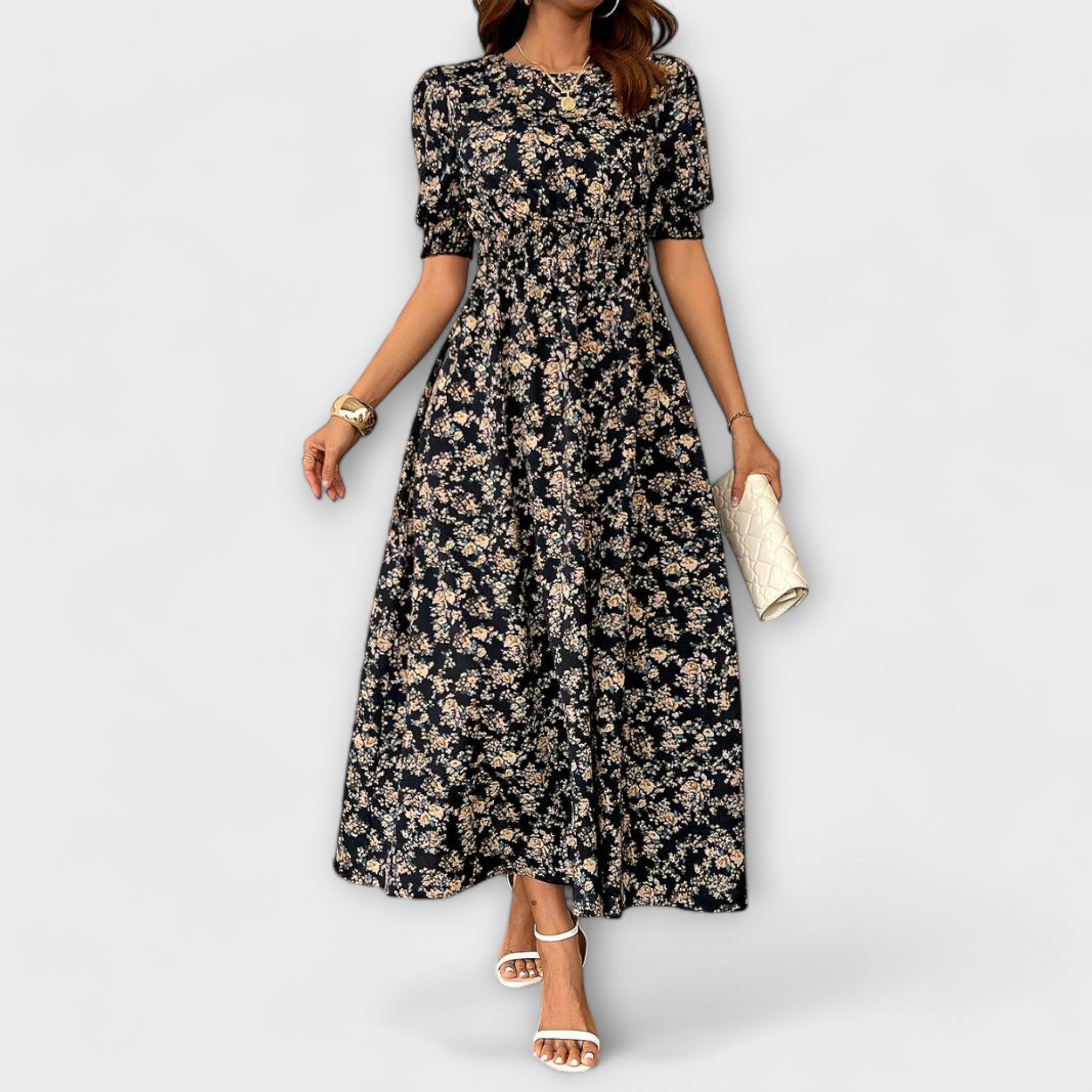 Amelia – Vestido com Decote Redondo e Padrão Floral