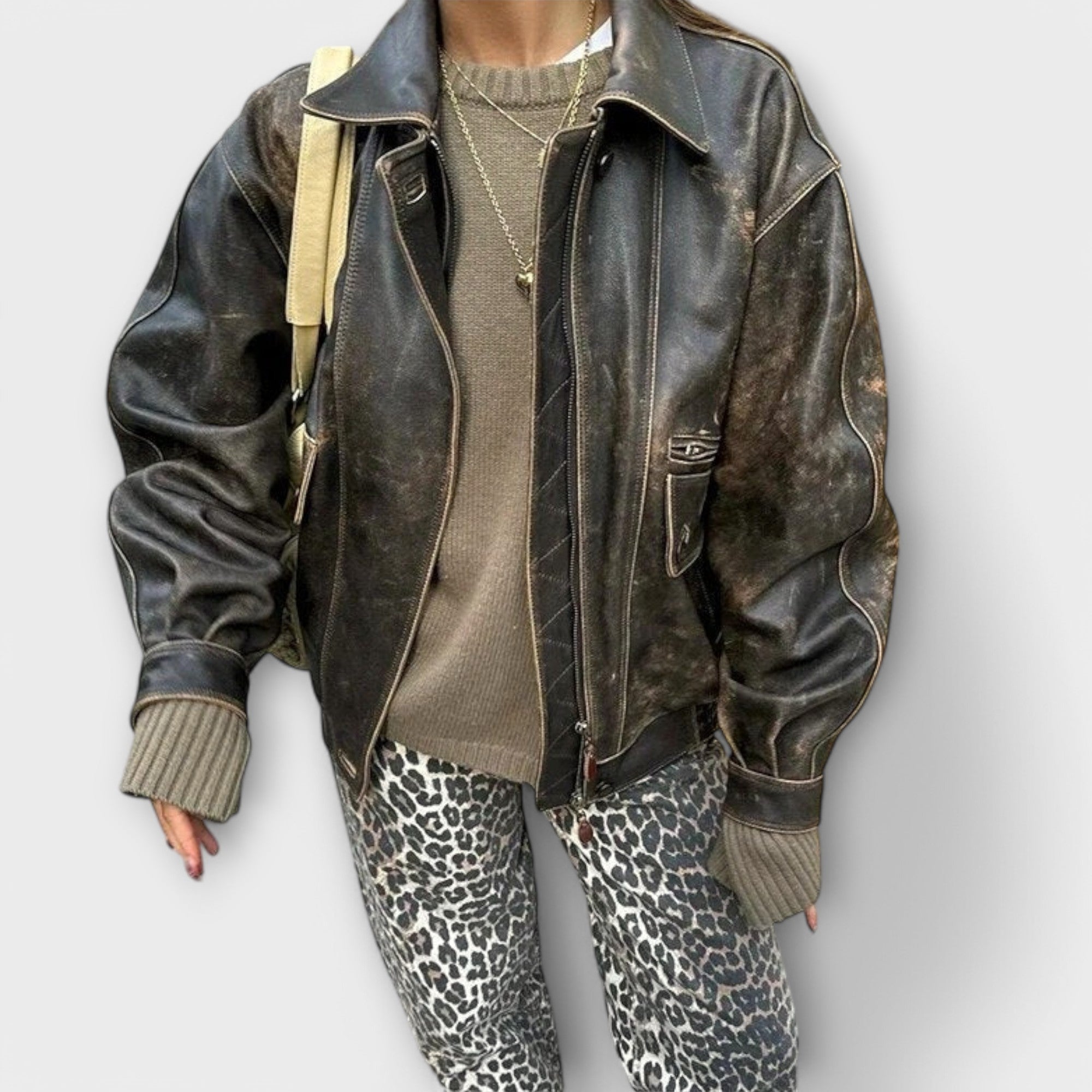 Carina - Calças de ganga vintage com estampado de leopardo