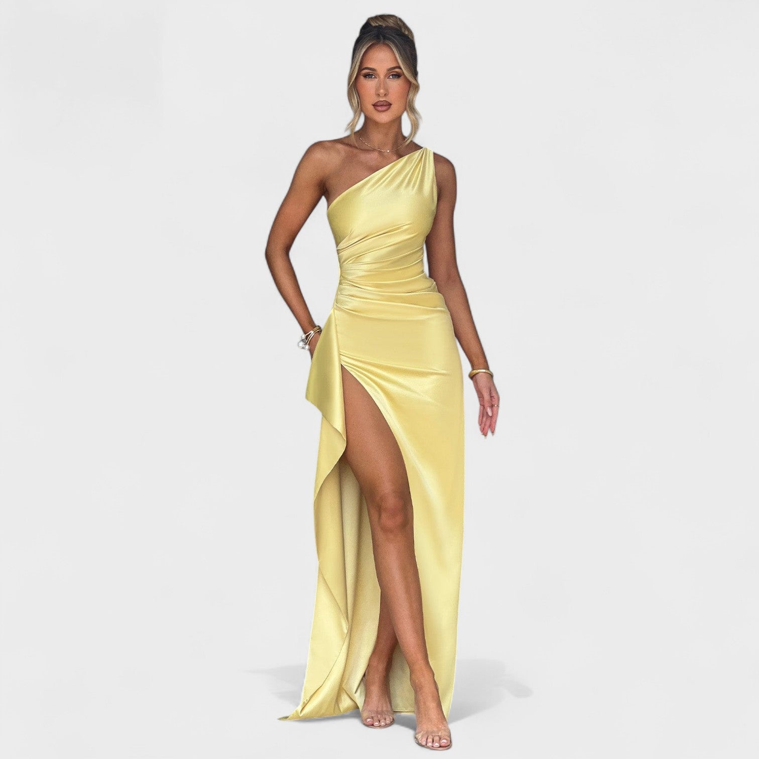 Ariel - Vestido Assimétrico Cetim Limão
