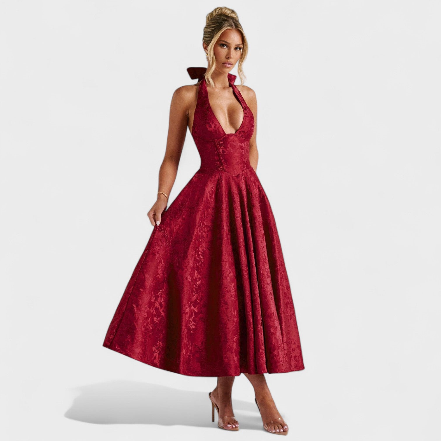Effie - Vestido midi texturado com decote V