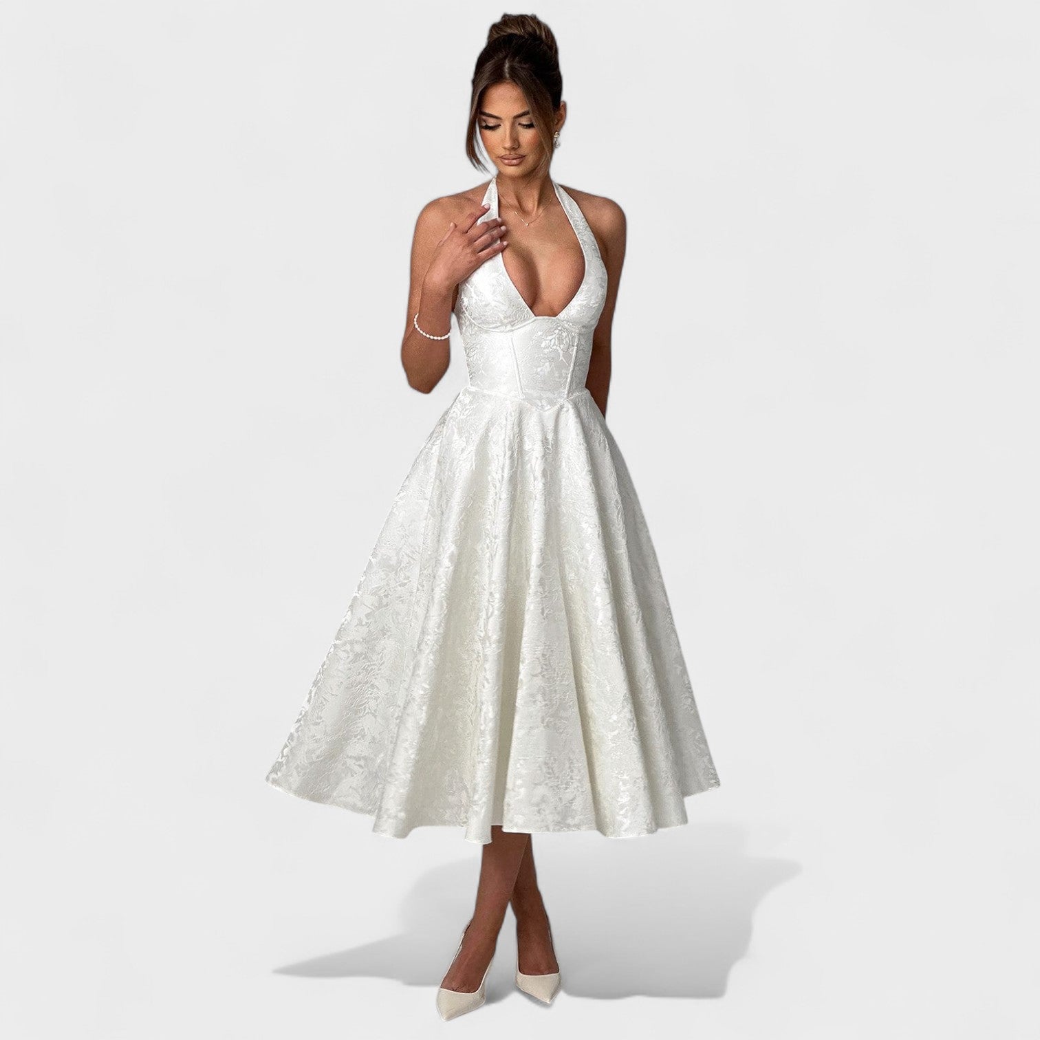 Effie - Vestido midi texturado com decote V