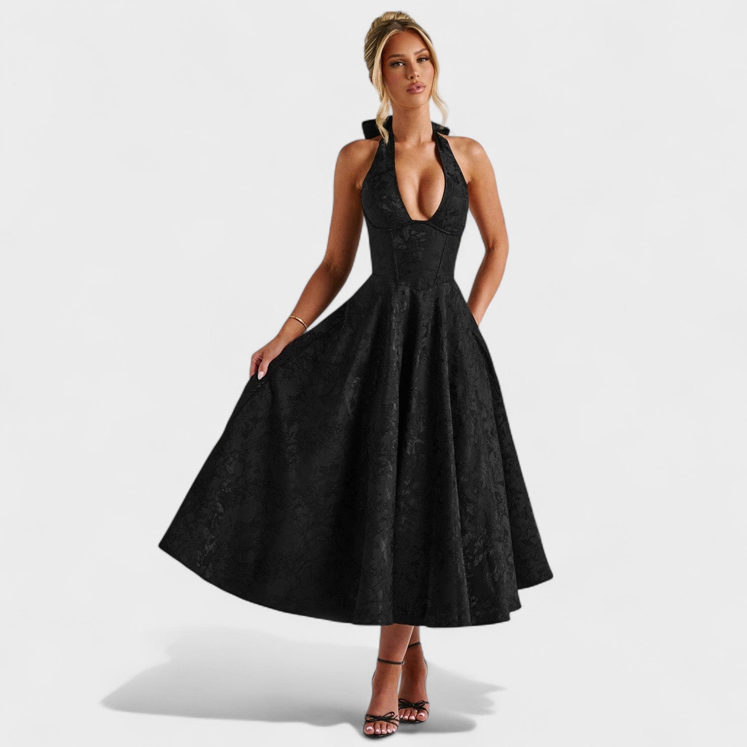 Effie - Vestido midi texturado com decote V
