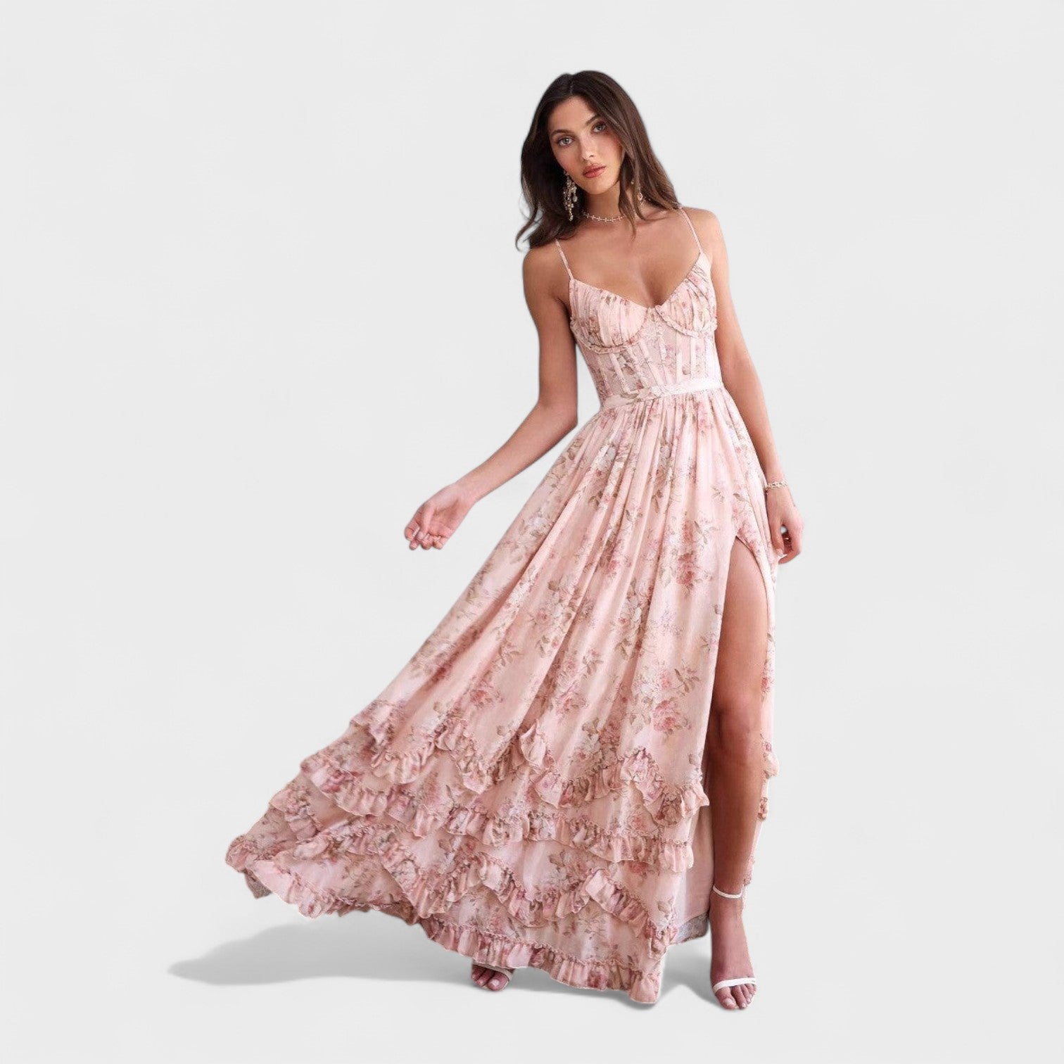Florencia - Vestido longo boémio com fenda e folhos.