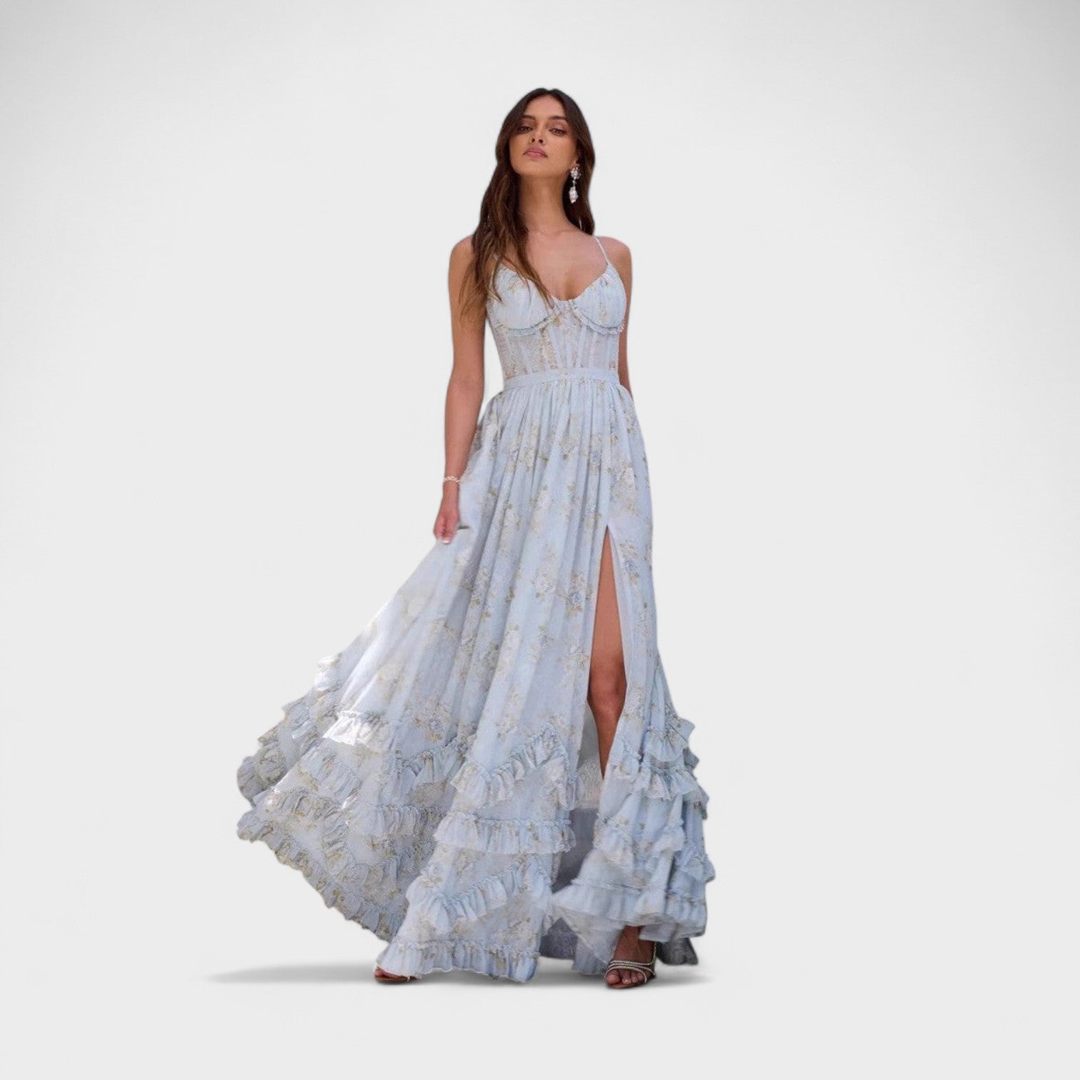 Florencia - Vestido longo boémio com fenda e folhos.