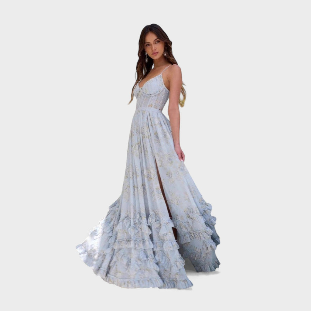 Florencia - Vestido longo boémio com fenda e folhos.