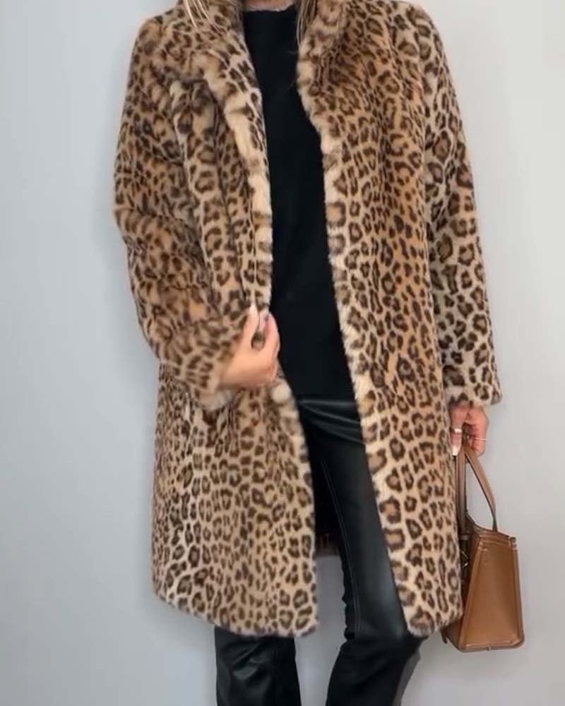 LEIA - Casaco Comprido e Macio Com Padrão Leopardo