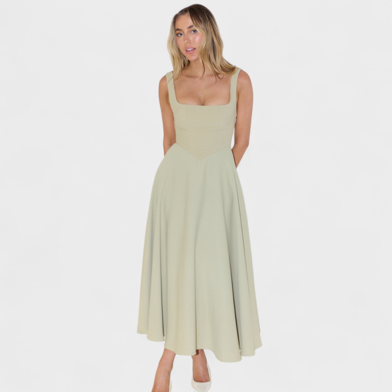 Maribel - Vestido Midi com decote quadrado